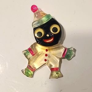 Vintage lucite googly eyed clown pin brooch